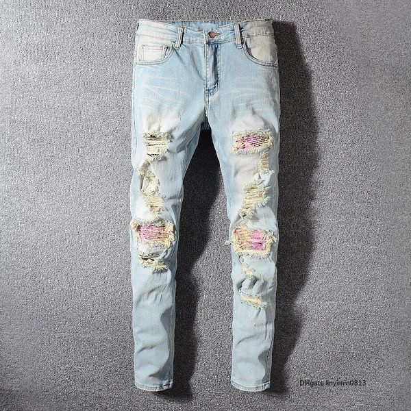 

мужские дизайнерские джинсы мужские роскошные джинсовой моды мужчин побитый мотоцикл ковбой побитый синий бренд тонкий мотоцикл качество ков, Blue