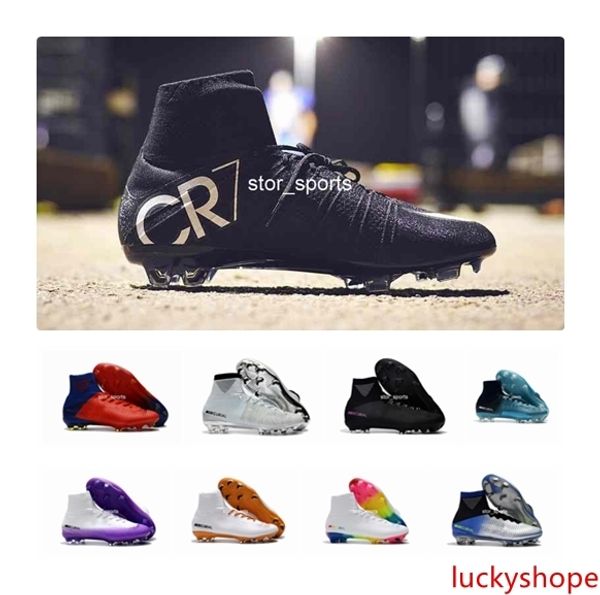 

белая красная радуга 100% оригинальная футбольная обувь cr7 mercurial superfly v fg футбольные бутсы высокие ботильоны футбольные бутсы rona