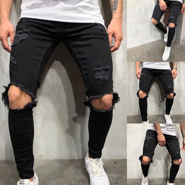 

fashions men hole jeans hip hop skinny ripped denim jeans homme casual distressed pencil pants slim straight denim trouser, Blue