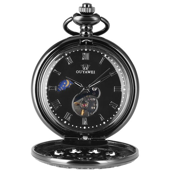 Relógios Clássicos Antigos Preto/Prata/Ouro Estojo Oco Unissex Esqueleto Mecânico Relógio de Bolso Corrente com Pingente Reloj de bolsillo