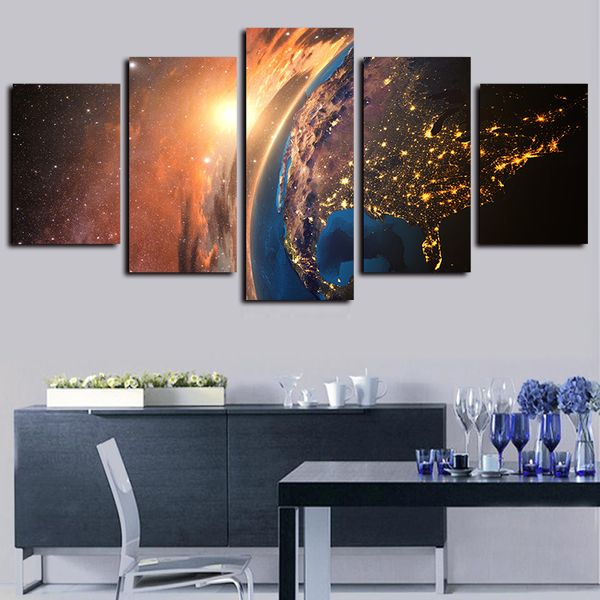 

5 panels earth shining with golden light galaxy starry sky artworks canvas wall art abstract poster canvas print oil painting wall decor