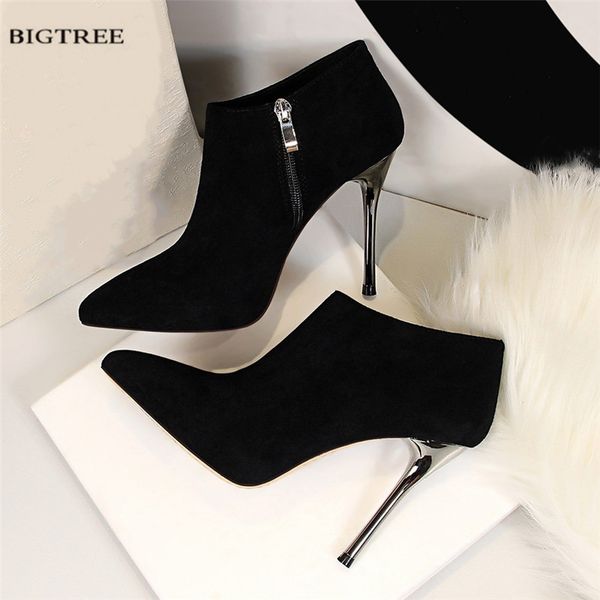 

new autumn european fashion exquisite high heel boots thin heeled zipper pointed suede women naked boots h8663-2, Black