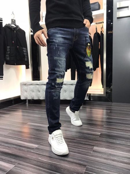 

autumn winter style french solid classic luxury slim motorcycle biker denim men's fashion designer straight jeans size 28-36, Blue
