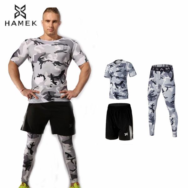 

3 pieces camouflage sport suit men running set survetement football 2020 sport compression underwear fitness training suit, Black;blue