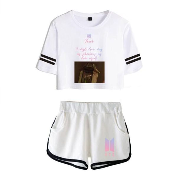 

bts two piece set 2018 summer korean fashion women's tracksuit bts fake love album short sleeve crop and shorts pants outfit, Gray