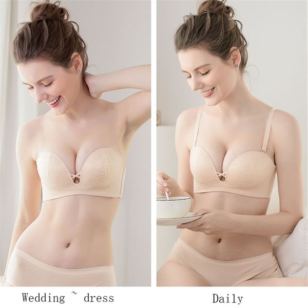 

new strapless bra non-slip invisible lingerie women a b c cup wedding dress underwear lace off-the-shoulder bra, Red;black