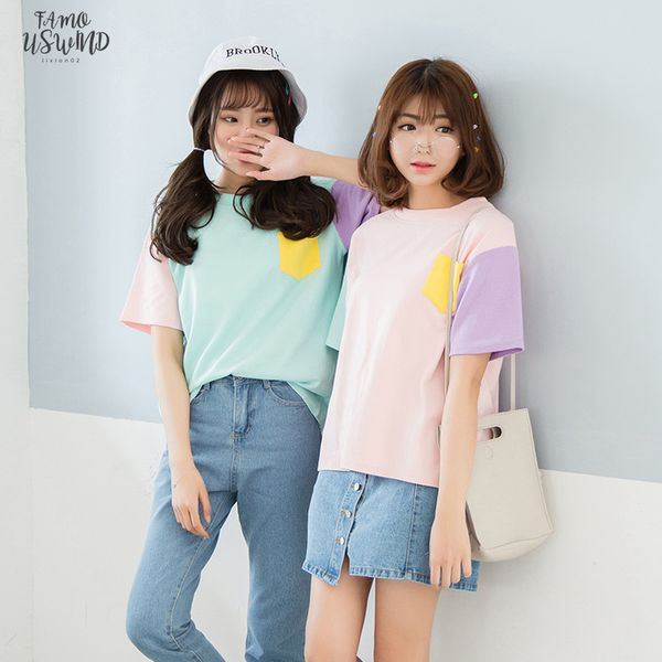 

womens t shirt summer korean hit color harajuku o neck with pocket tee shirt femme color block patchwork bottoming, White