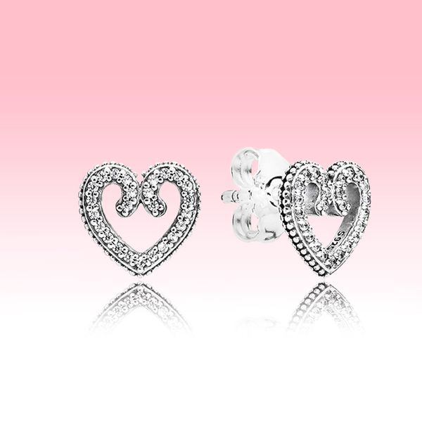 

real 925 sterling silver love heart earring wedding gift jewelry for pandora cz diamond hearts stud earrings with original retail box, Golden;silver