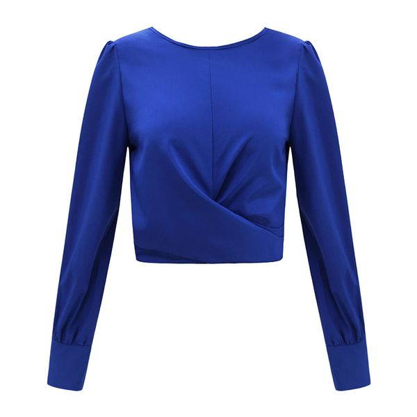 

women shirt slim round collar backless long sleeve bow short slim fit ladies solid color, White