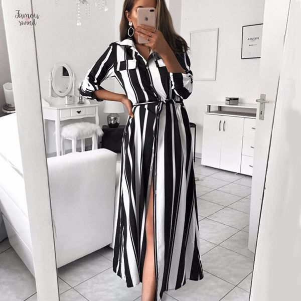 

beforw vintage dresses 2019 office turn down collar button lace shirt lady women autumn spring long sleeve stripe maxi dresses, Black;gray