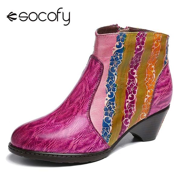 

socofy hand boots painted rainbow stripes stitching leather texture ankle boots for women shoes women botines mujer 2019, Black