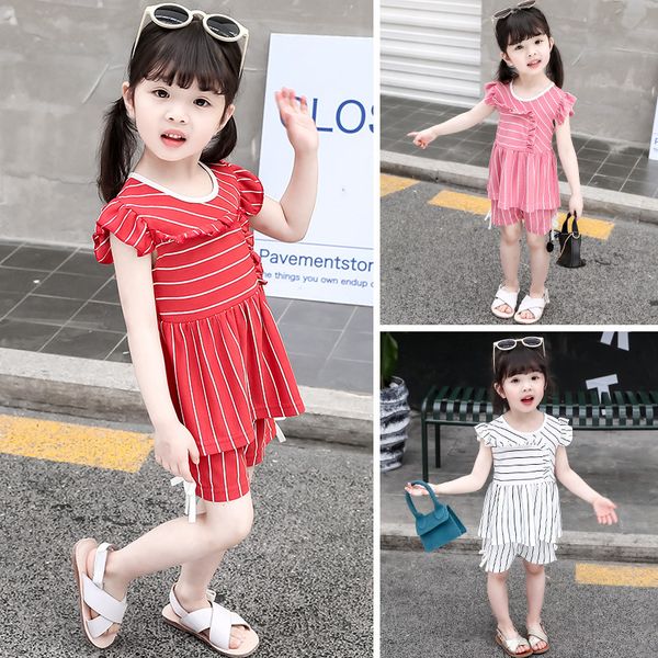 

2020 children's wear summer new girl baby stripe short sleeve two piece set, White