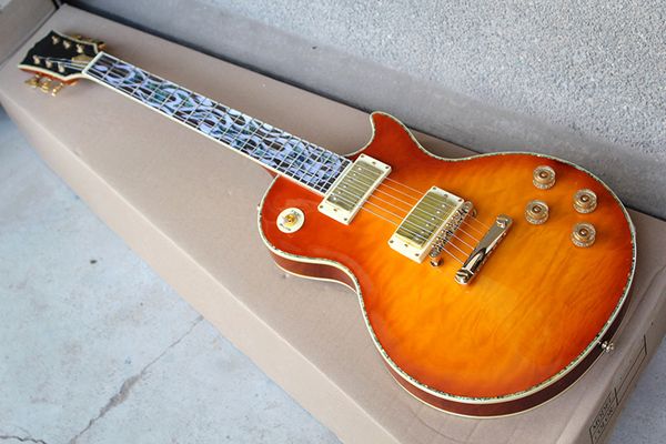 

factory custom cherry sunburst electric guitar with flame maple veneer,abalone binding body and fret inlay,can be customized