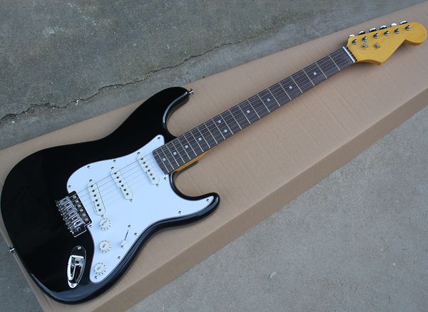 Atacado guitarra elétrica preta com pickguard branco, rejuvenescimento, pescoço de bordo amarelo, pode ser personalizado como pedido