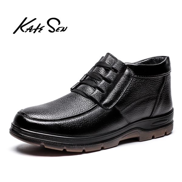 

katesen men shoes genuine leather casual shoes outdoor work rubber sole sneakers men oxford zapatillas hombre, Black
