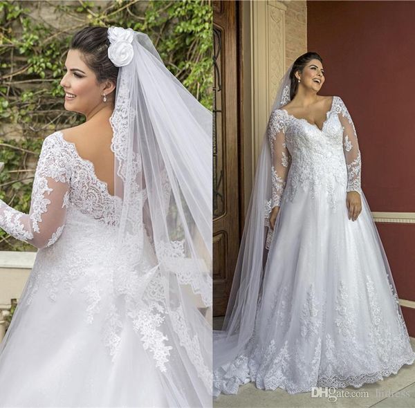 

lace plus size wedding dresses deep v neck long sleeves bridal gowns backless illusion bodice wedding dress custom, White