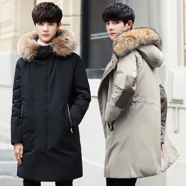 

men down jacket casual warm winter outwear with big fur hood windproof 90% white duck down thick coat male jk-786, Black