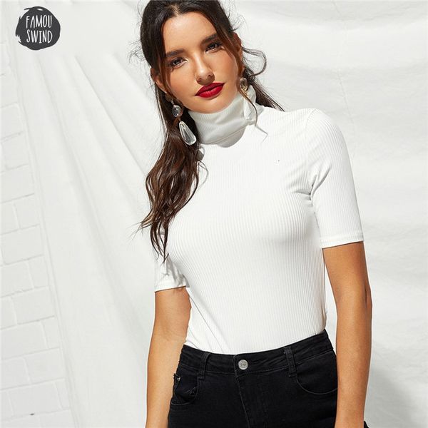 

weekend casual t shirt white high neck women rib knit pullovers plain autumn slim fit short sleeve t shirt top