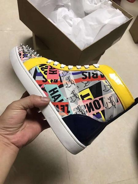 

quality graffiti patent leather high red bottom sneakers shoes women men luxury designer flat casual red sole autumn winter leisure lts