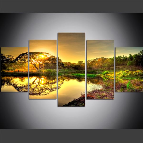 

5 piece large size canvas wall art pictures creative sunshine mushroom tree forest wetland art print oil painting for living room painting