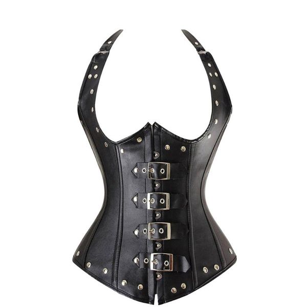 

gothic straps faux leather underbust corset spiral steel boned clubwear lingerie push up bustier s-2xl, Black;white