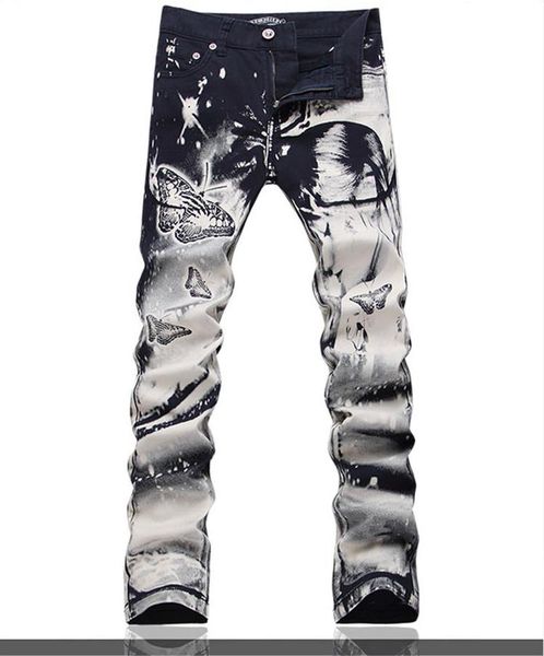

fashion- original design men's printing jeans punk rock ds personality 3d beauty inkjet printed pattern slim jeans motorcycle jeans, Blue
