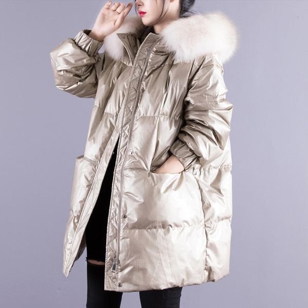 

new fur collar down coat parka winter warm 90% white duck down jacket long glossy parka jacket high grade coat overcoat, Black