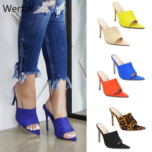 

2019summer style women leopard high heels mules pointed toe women slides female thin high heels female outdoor slippersa959, Black