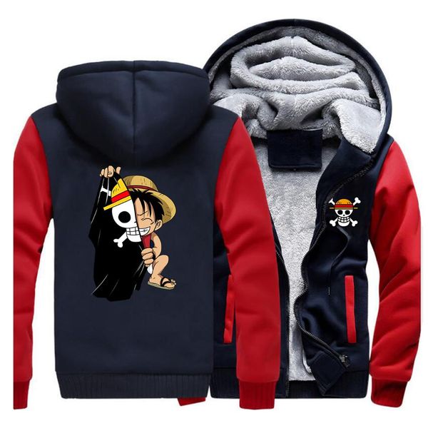 

hoodies men 2019 winter warm jackets japanese anime one piece sweatshirt thick zipper hooded hoodie cartoon coat, Black