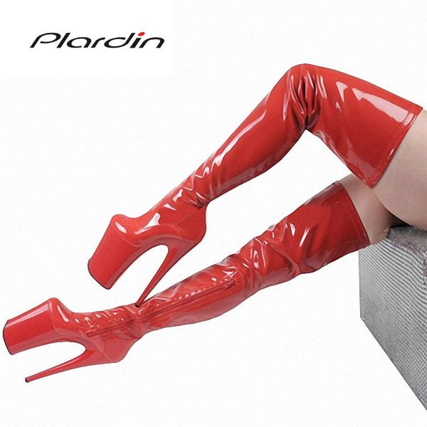 

plardin plus size 35-46 pu concise fashion 20cm high heels 10cm platform lacquer knee-high nightclub dance party boots, Black