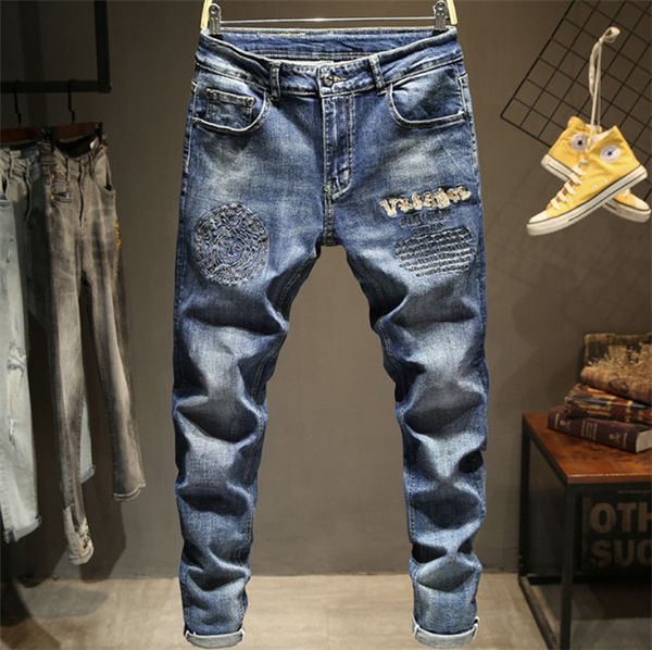 

european station foreign trade big brand stretch jean trousers letter embroidery high-end fashion slim trousers four seasons, Blue