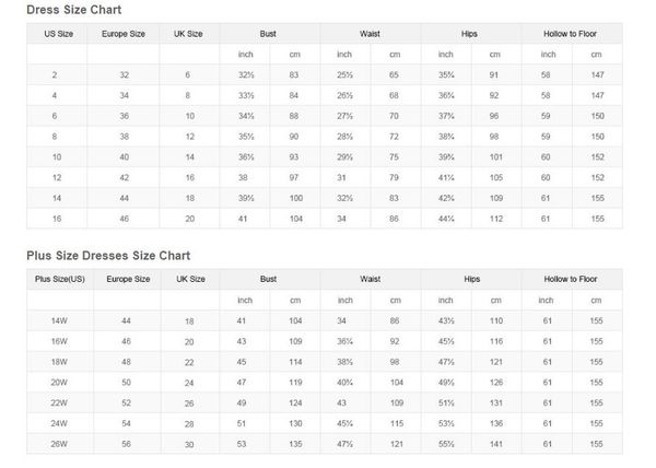 Prom Dress Size Chart