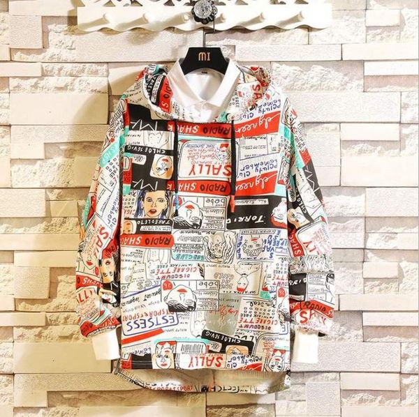 

new autumn/winter 2019 european and american men's wear long sleeve hooded cartoon print fashionable and handsome casual hoodie, Black