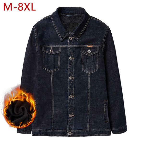 

m-8xl plus size denim jacket men winter warm fleece slim fit fashion vintage jeans jacket pocket elastic cotton men coat 3zwj11, Black;brown