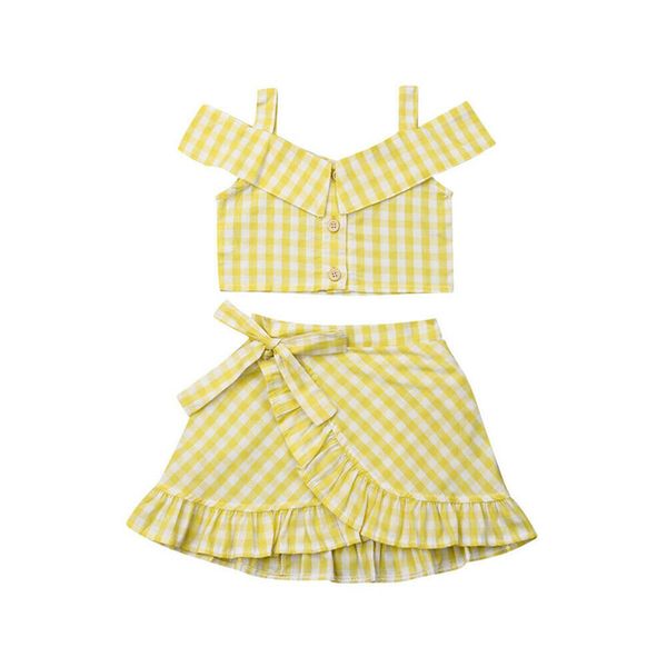

2019 fashion toddler baby girls plaid clothes off shoulder vest crop ruffle tutu skirt 2pcs outfits clothes 1-6ytears, White