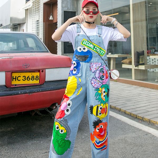 

large size tide brand jumpsuit 2020 spring summer fashion cartoon printed denim jumpsuit women's korean denim overalls female, Black;white