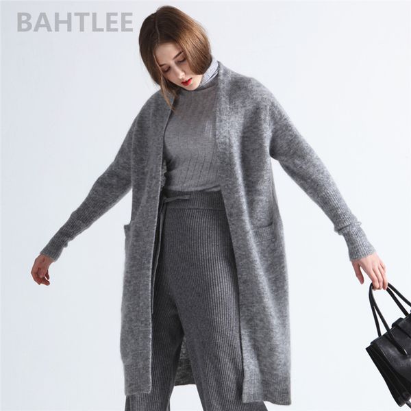 

bahtlee spring autumn women's mohair cardigan sweater blended knitted solid long sleeves wool coat casual lazy style, White