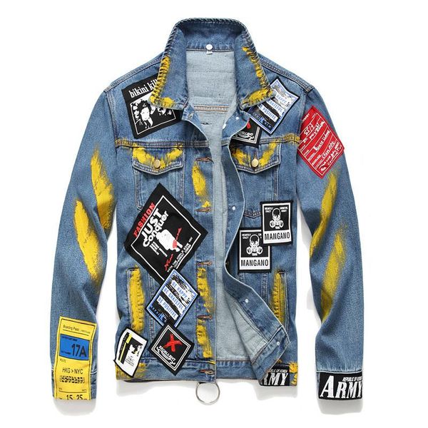 

2019 windbreaker new mens blue paint embroidery loose mens designer jackets denim jacket lapel denim jacket long sleeve size s-3xl, Black;brown
