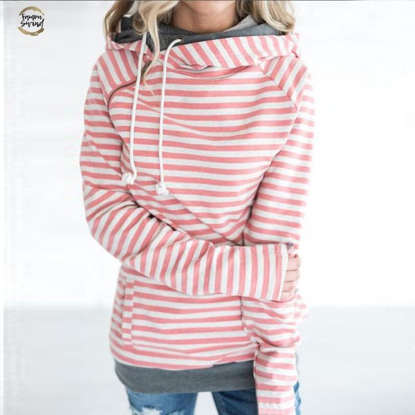 

new autumn winter casual women patchwork striped pullover warm long sleeve hoody with pockets double hood hooded sweatshirt, Black