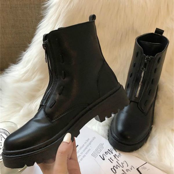 

fashion leather martins boots woman shoes winter warm zipper ankle boots for woman waterproof platform drop, Black