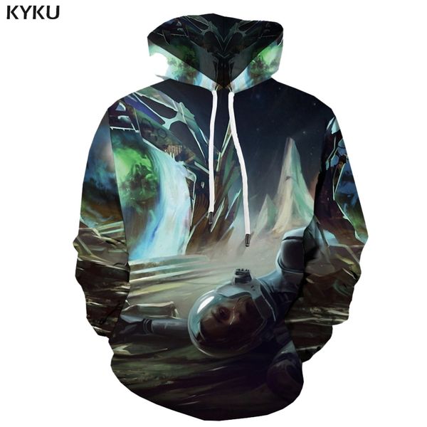 

kyku 3d hoodies astronaut hoodie men galaxy space hooded casual metal hoodie print moon 3d printed harajuku hoody anime, Black