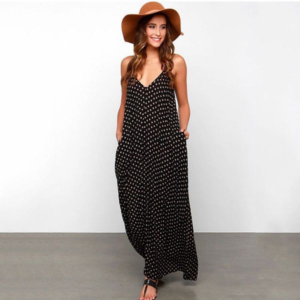 

мода повседневная женщины boho длинный короткий летний пляж макси платье сарафан без рукавов ремень горошек v-образным вырезом лодыжки длина, Black;gray