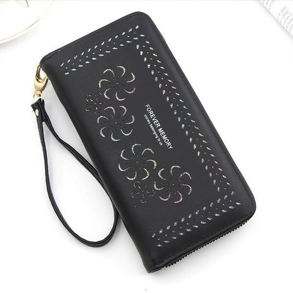 

new wallets european and american ladies large-capacity female clutch long zipper mobile phone bag hollow clutch purse, Red;black