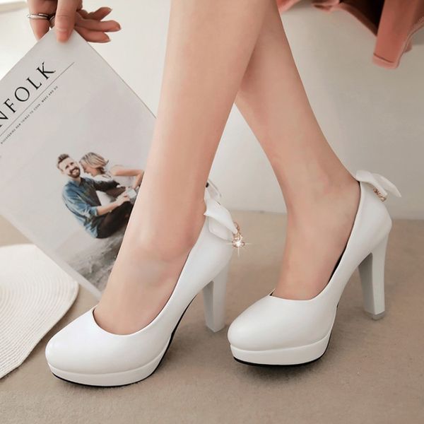 

big size 11 12 13 14 platform heels women shoes woman pumps ladies butterfly knot thick heel of shallow round head water drill, Black
