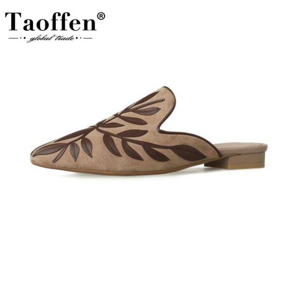 

taoffen fashion women flat shoes high-quality genuine leather shoes women leaves design pointed toe lady footwear size 34-39, Black
