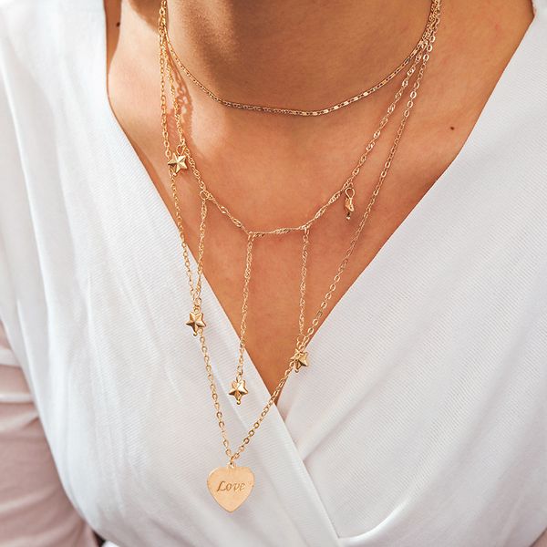 

vintage multi-layered love heart satr choker necklace set boho gold color stars long chain pendant necklaces women jewelry gift, Golden;silver