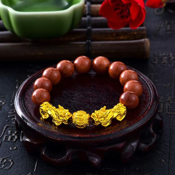 

feng shui gold color pixiu lucky obsidian bracelet, Black
