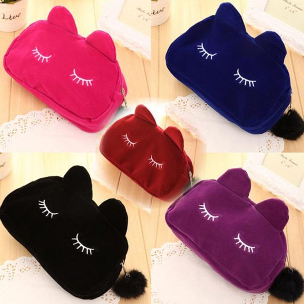 

portable cartoon cat makeup bag coin storage case travel makeup flannel pouch cute cosmetic bag cases for women girls