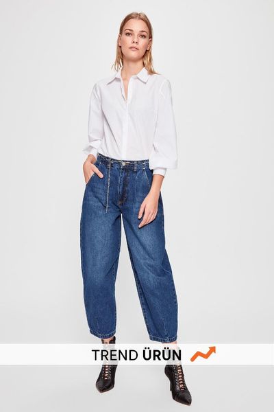 

trendyol pleated high waist balloon fit jeans twoaw20je0259, Blue