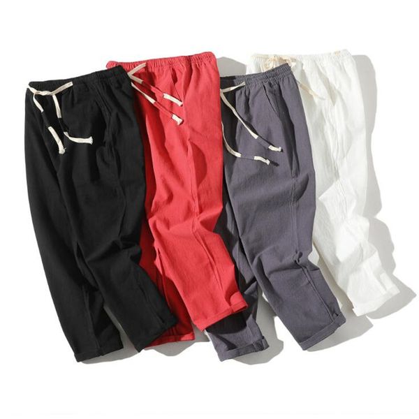 

men summer casual linen cotton elastic waist pants street leisure joggers men fashion sweatpants vintage linen trousers 8 colors, Black